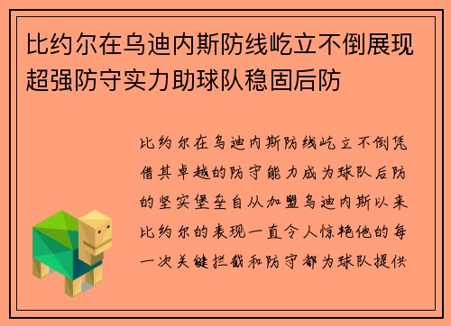 比约尔在乌迪内斯防线屹立不倒展现超强防守实力助球队稳固后防